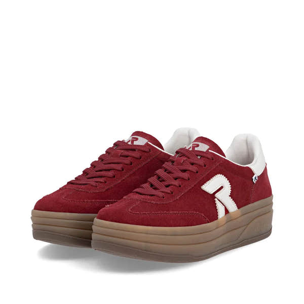 Rieker W3700-35 women's red suede lace-up trainers with chunky brown sole and white detailing.