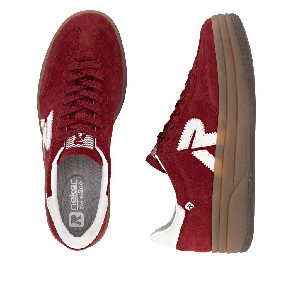 Rieker W3700-35 women's red suede lace-up trainers with white detail and tan rubber sole.
