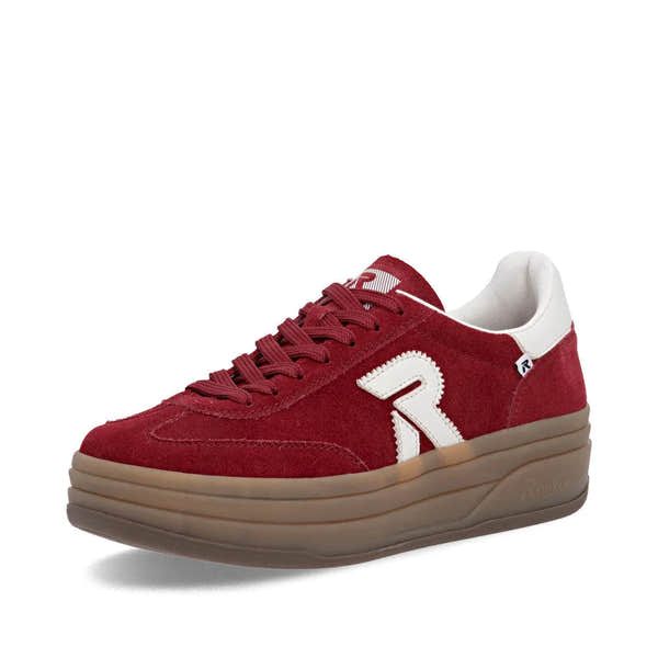 Rieker W3700-35 women's red suede lace-up trainers with chunky sole and white accents.