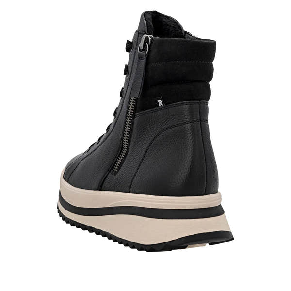 Rieker W3870-00 women's black leather ankle boots with zip and lace closure, thick wedge sole, and padded ankle collar.