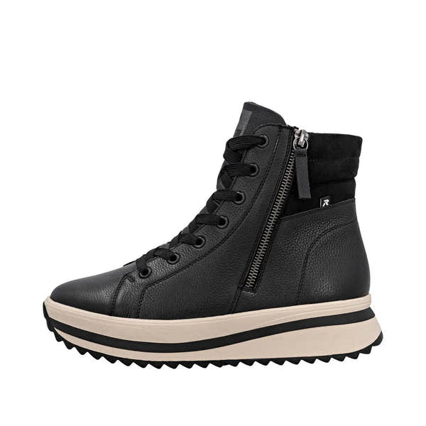 Rieker W3870-00 women's black leather ankle boots with zip, lace-up design, and chunky rubber sole.