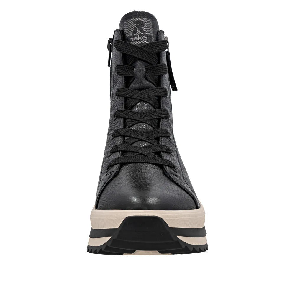 Rieker W3870-00 women's black leather ankle boots with zip and lace-up front, chunky sole, stylish and comfortable design.
