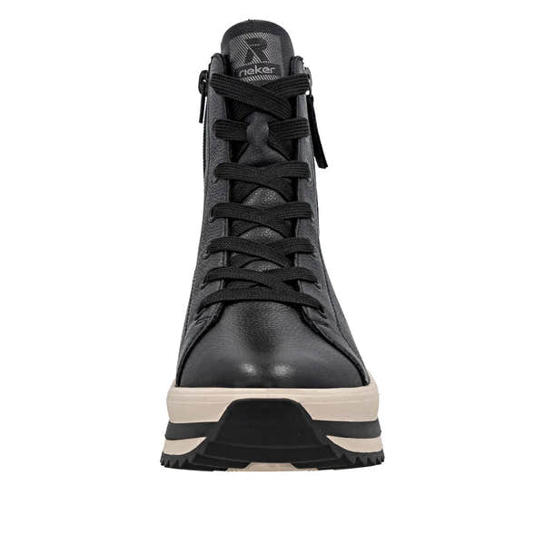 Rieker W3870-00 women's black leather ankle boots with zip and lace-up front, chunky sole, stylish and comfortable design.