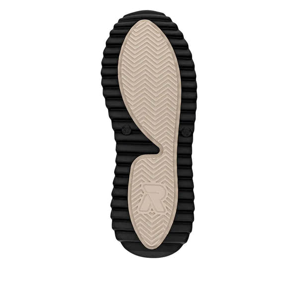 Rieker W3870-00 women's black leather ankle boots with zip and lace-up detail, rubber sole with beige tread pattern.