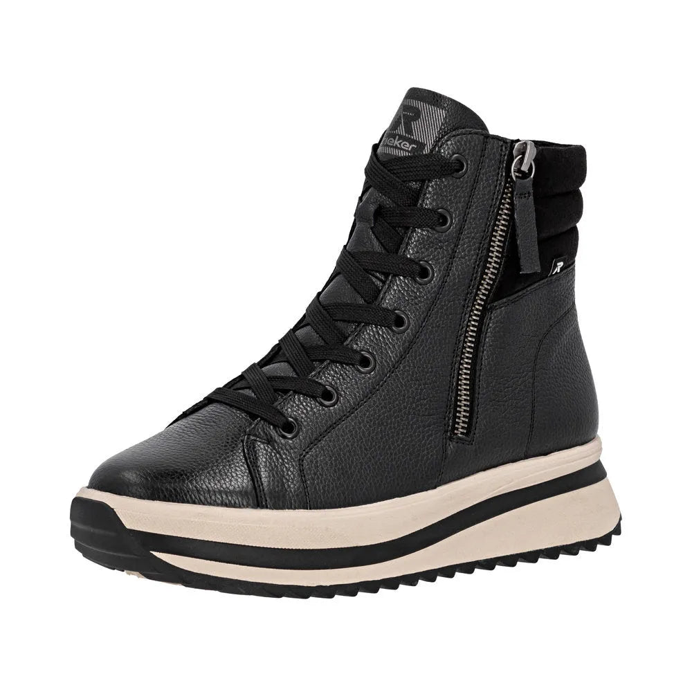 Rieker W3870-00 women's black leather ankle boots with zipper, lace-up design, and chunky sole.
