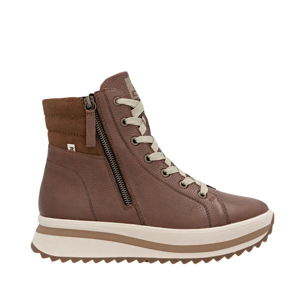 Rieker W3870-24 women's brown leather ankle boot with zip, lace-up front, wedge sole, and padded collar.