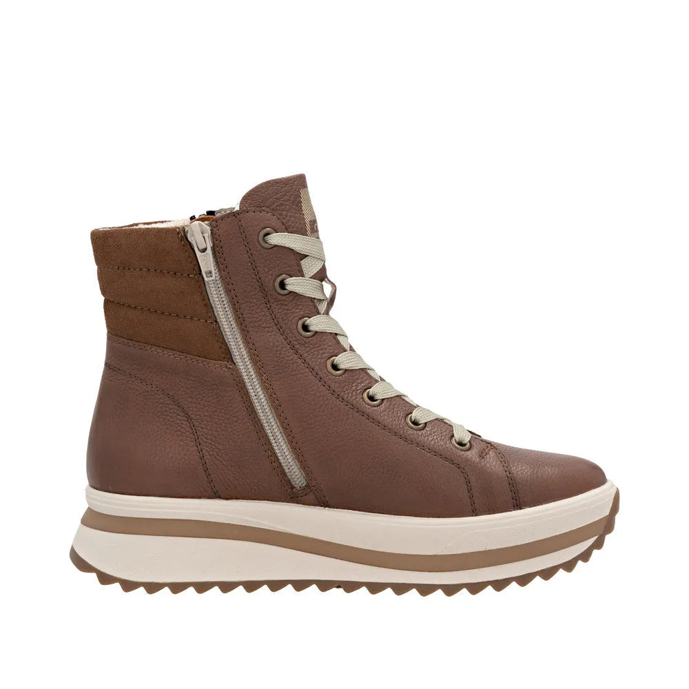 Rieker W3870-24 women's brown leather ankle boots with side zipper, lace-up front, cushioned sole, and rugged rubber outsole.