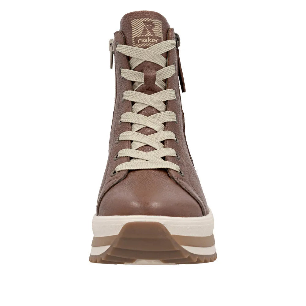 Rieker W3870-24 women's brown leather ankle boots with zip and lace-up closure, chunky sole, stylish and comfortable footwear.