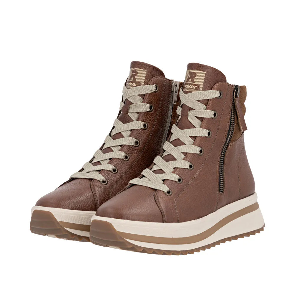 Rieker W3870-24 women's brown leather ankle boots with lace-up and side zipper, platform sole, stylish and comfortable footwear.