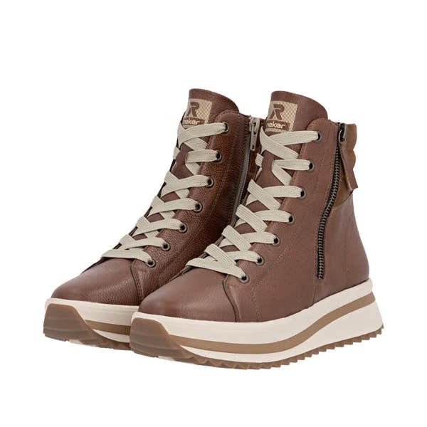 Rieker W3870-24 women's brown leather ankle boots with lace-up and side zipper, platform sole, stylish and comfortable footwear.