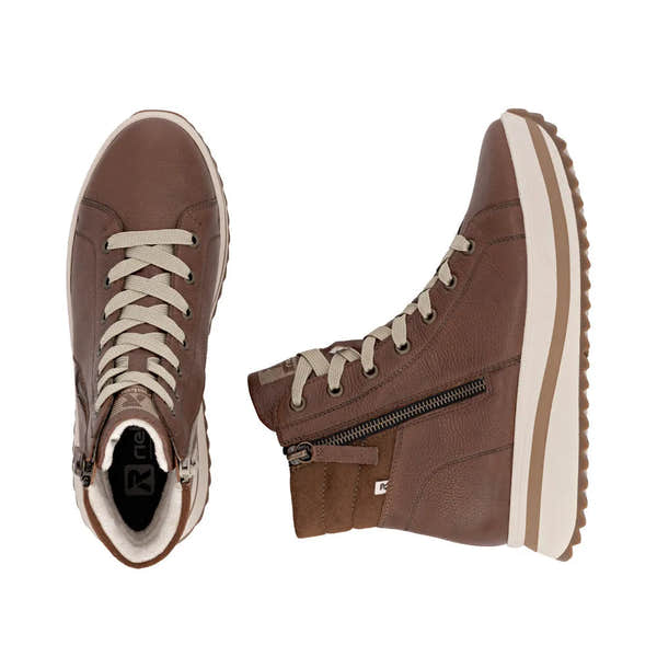 Rieker W3870-24 women's brown leather ankle boots with zip and lace-up design, casual style, and textured sole.