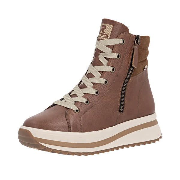 Rieker W3870-24 women's brown leather ankle boots with lace-up front, zipper side, and chunky white rubber sole.