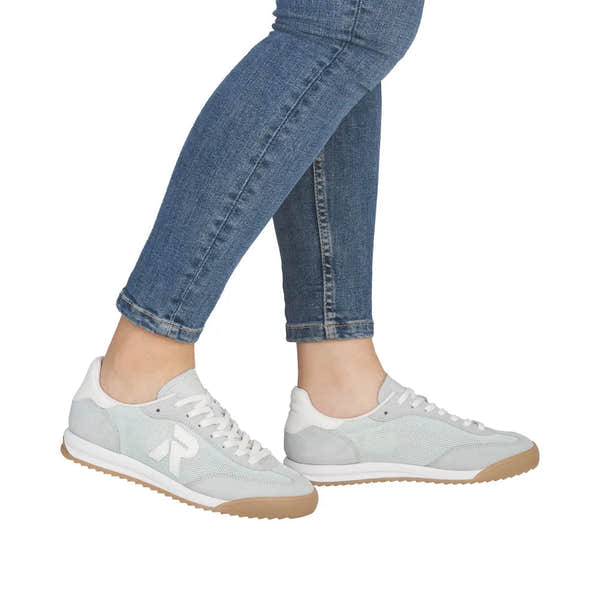 Rieker W4000-52 mint suede and textile lace-up trainers with white accents and tan rubber soles.