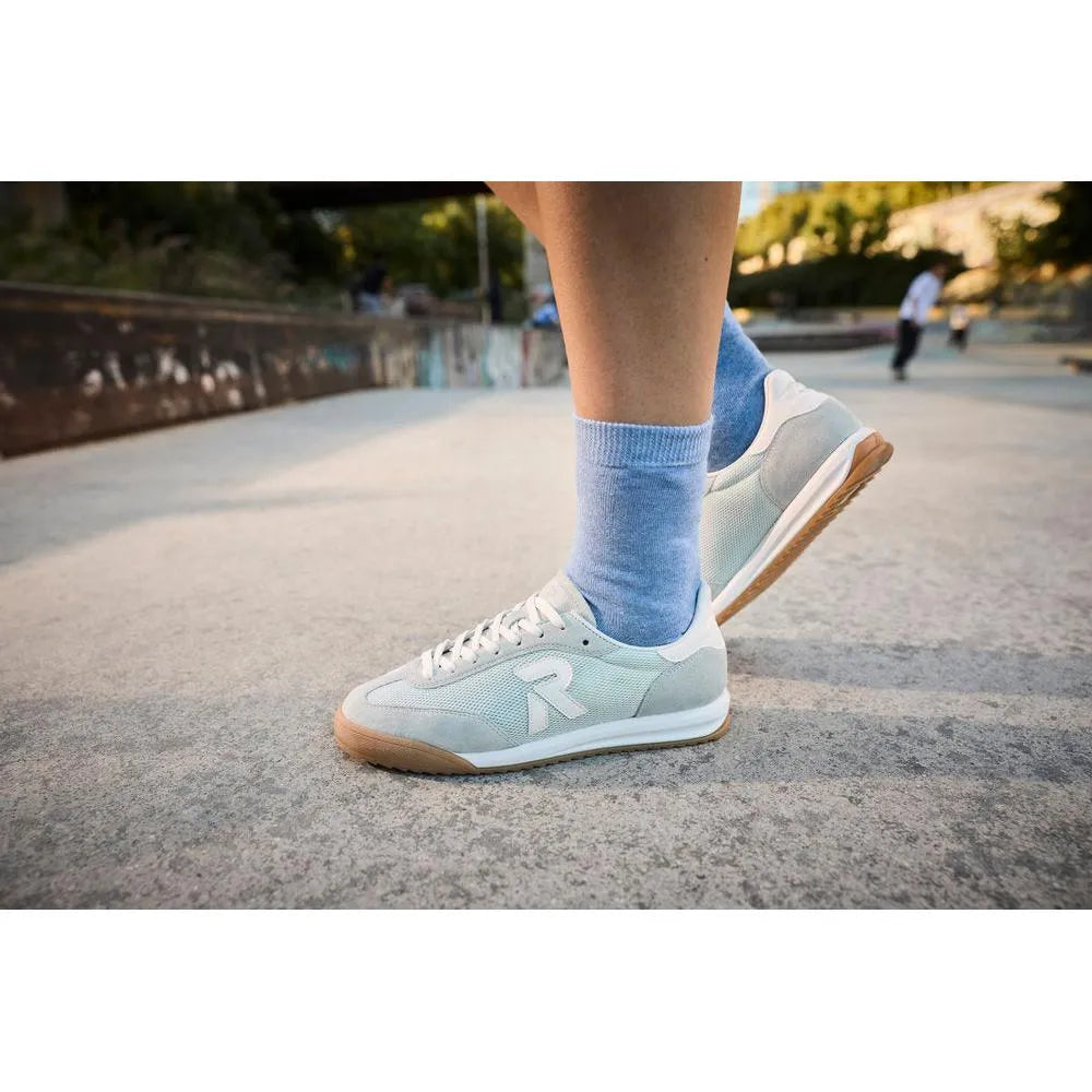 Rieker W4000-52 mint suede and textile lace-up trainers with white accents and gum sole.