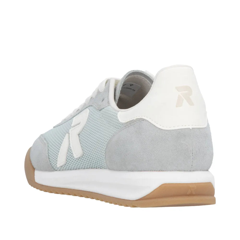 Rieker W4000-52 mint suede and textile lace-up trainers with white accents, beige sole, and logo details.