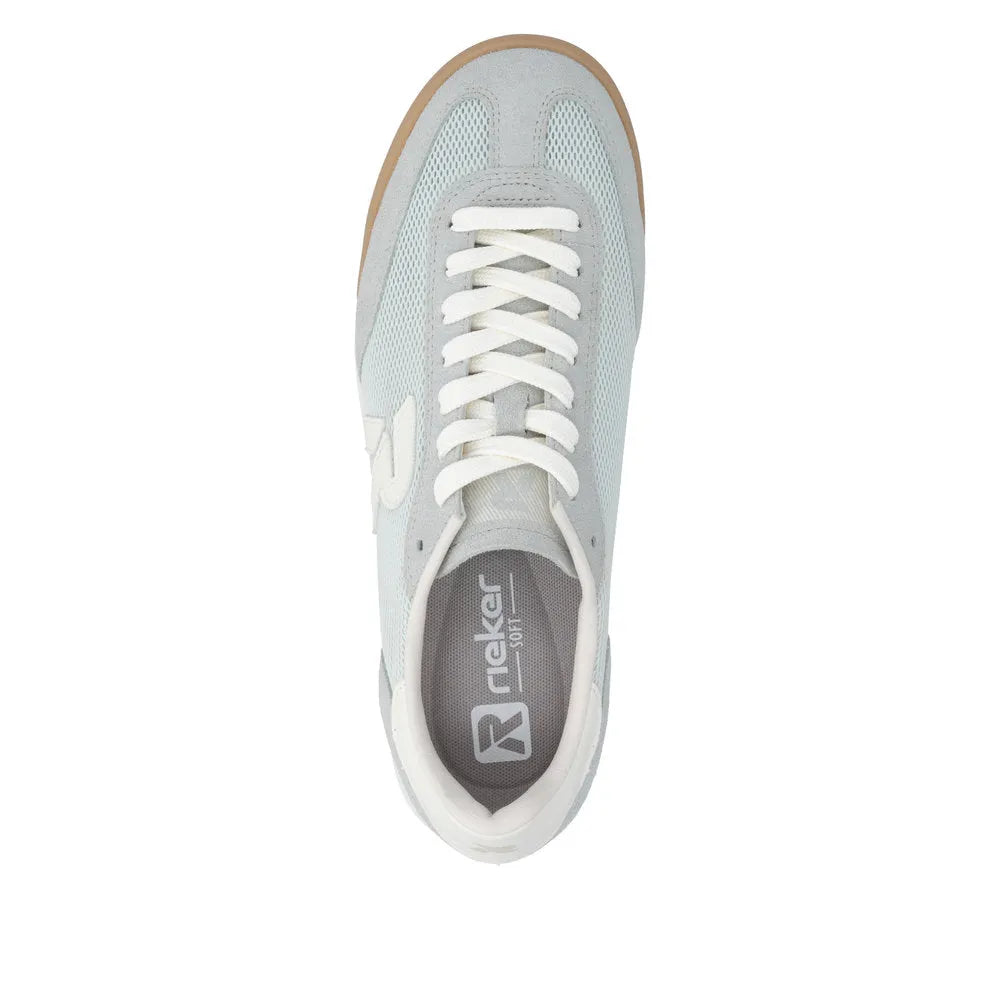 Mint suede and textile lace-up trainer with white laces, beige sole, and Rieker branding inside.
