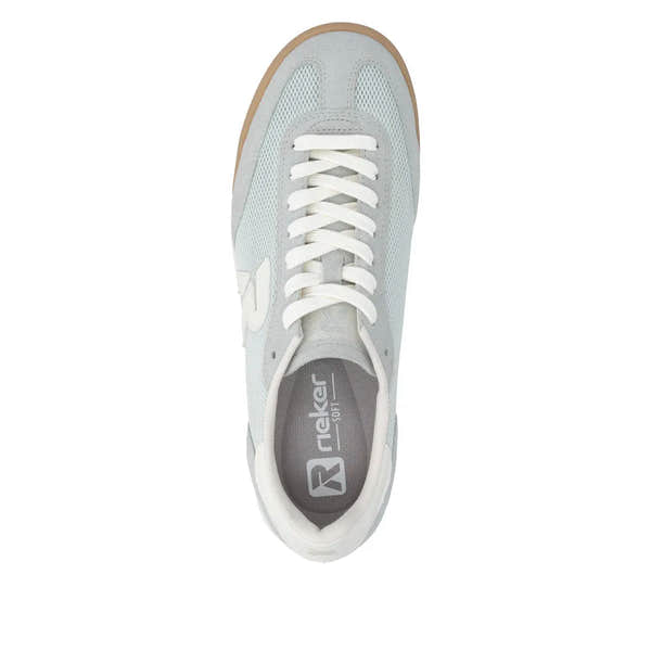 Mint suede and textile lace-up trainer with white laces, beige sole, and Rieker branding inside.