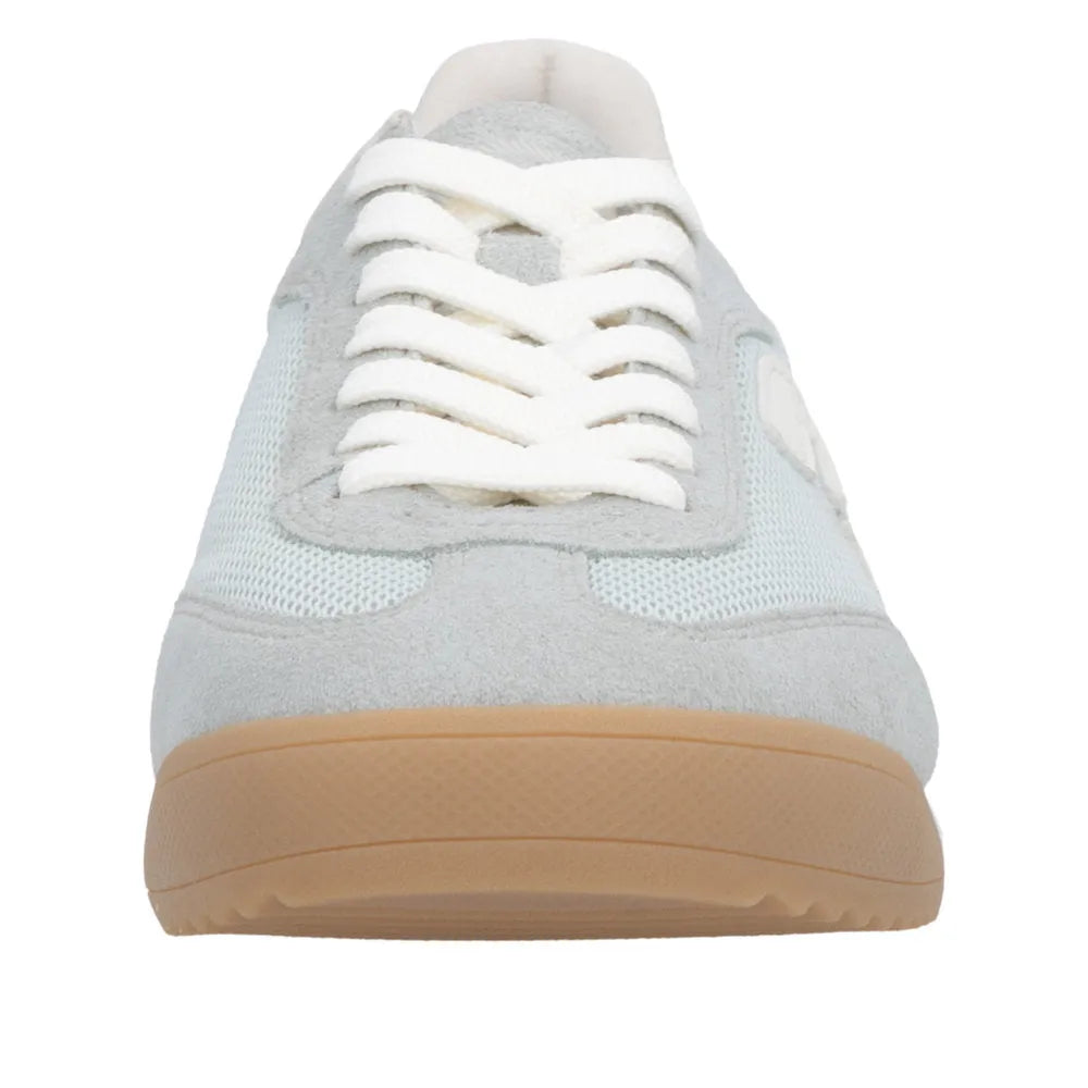 Rieker W4000-52 women's mint suede and textile lace-up trainers with white laces and a beige rubber sole.