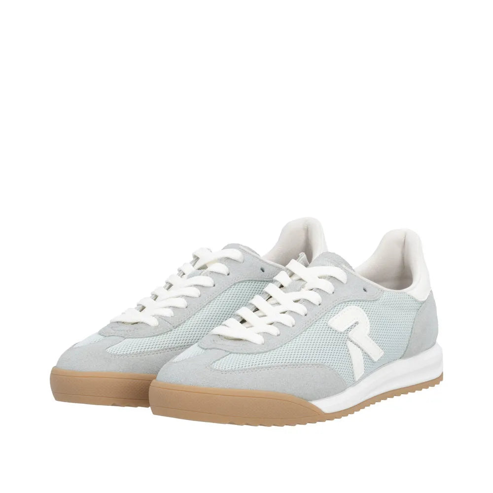 Rieker W4000-52 mint suede and textile lace-up trainers with white laces, logo detail, and beige rubber soles.