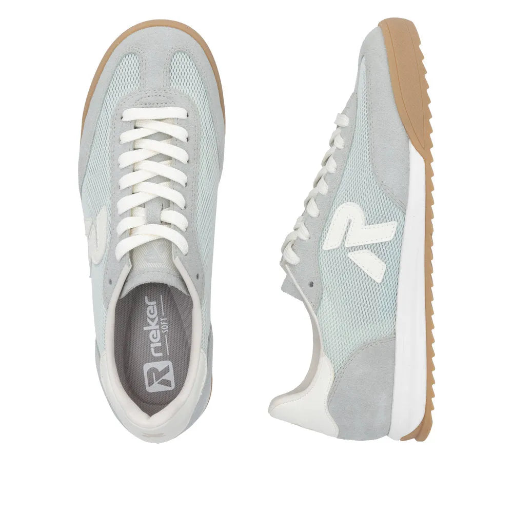 Rieker W4000-52 Ladies mint suede and textile lace-up trainers with a beige rubber sole and white accents.