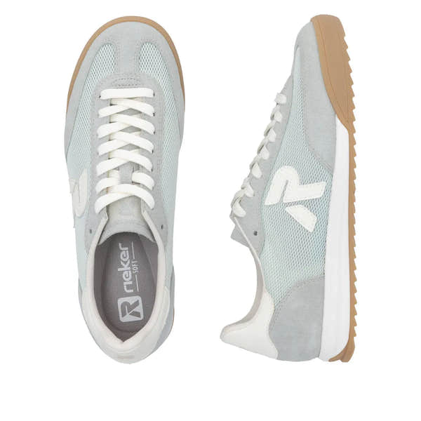 Rieker W4000-52 Ladies mint suede and textile lace-up trainers with a beige rubber sole and white accents.