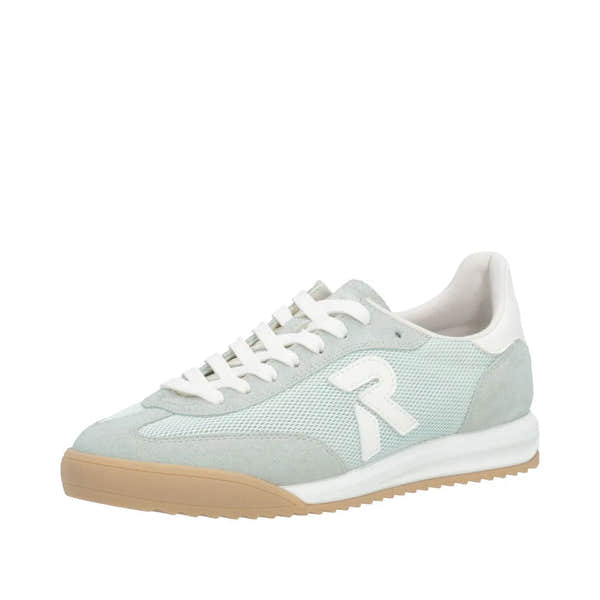 Rieker W4000-52 mint suede and textile lace-up trainers with white accents and a tan rubber sole.