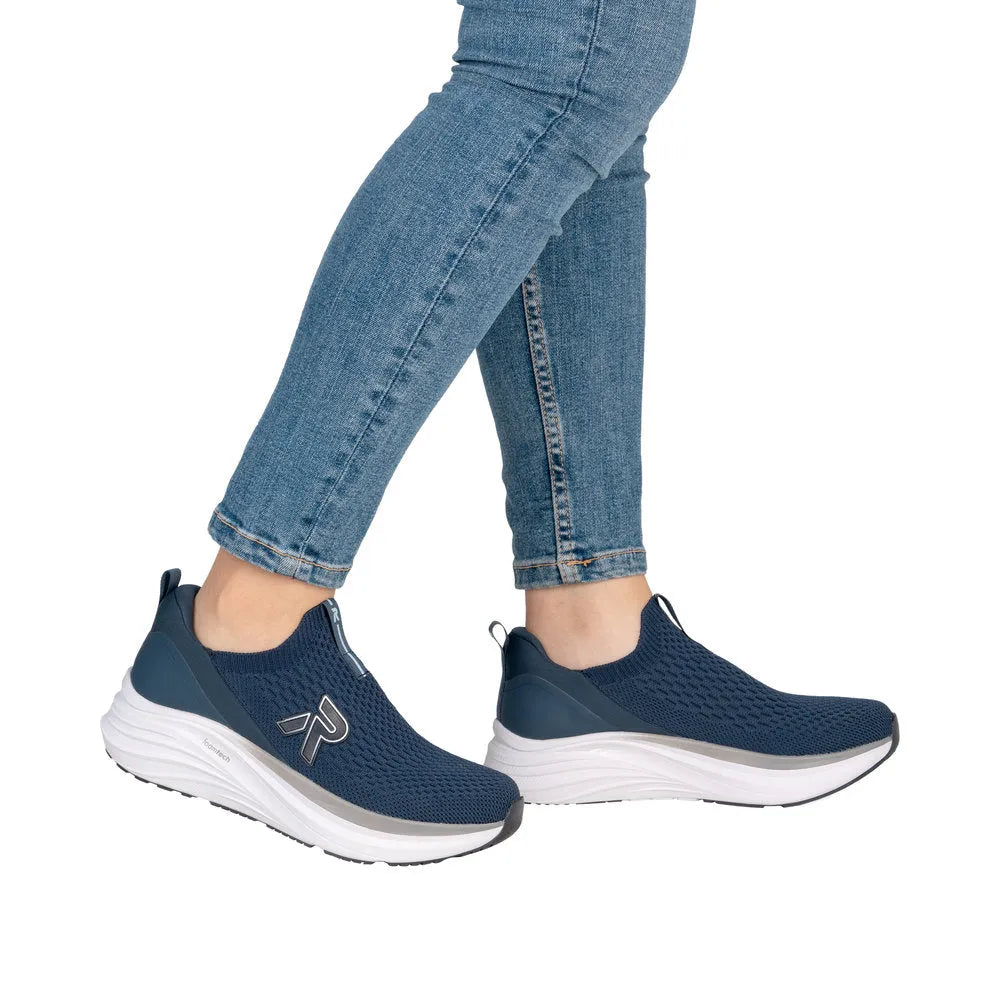 Rieker W4100-14 ladies blue textile elasticated trainers with white sole, breathable design, lightweight and comfortable footwear.