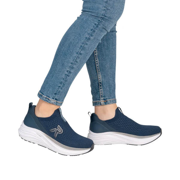 Rieker W4100-14 ladies blue textile elasticated trainers with white sole, breathable design, lightweight and comfortable footwear.