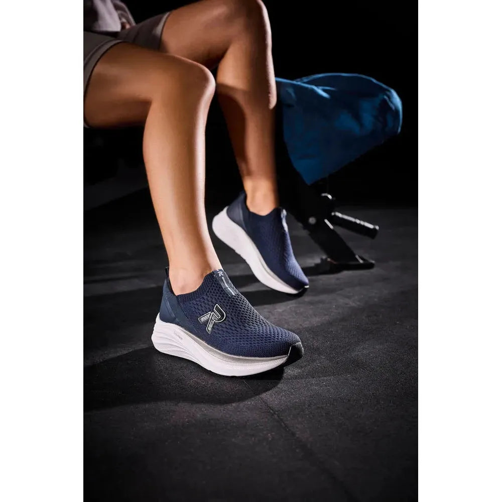Rieker W4100-14 Ladies Blue Textile Elasticated Trainers, slip-on sports shoes with breathable mesh and cushioned white soles.