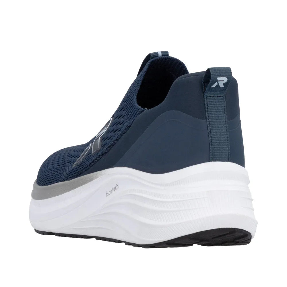 Rieker W4100-14 Ladies Blue Textile Elasticated Trainers with chunky white sole and slip-on design.