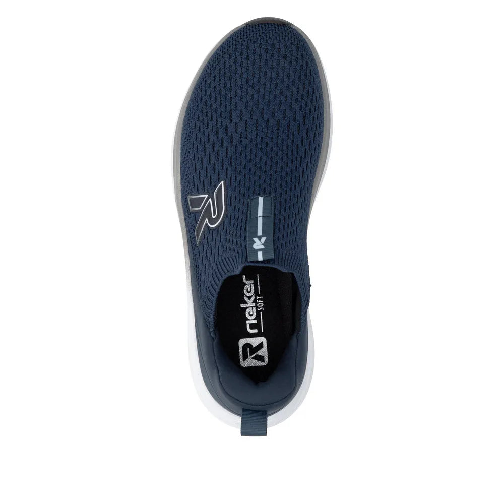 Rieker W4100-14 ladies' blue textile elasticated trainers with breathable mesh upper and sporty design.