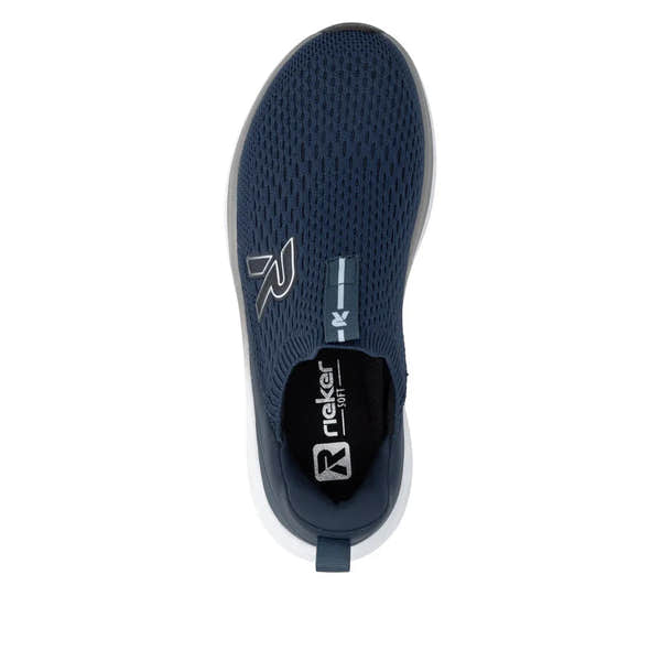 Rieker W4100-14 ladies' blue textile elasticated trainers with breathable mesh upper and sporty design.