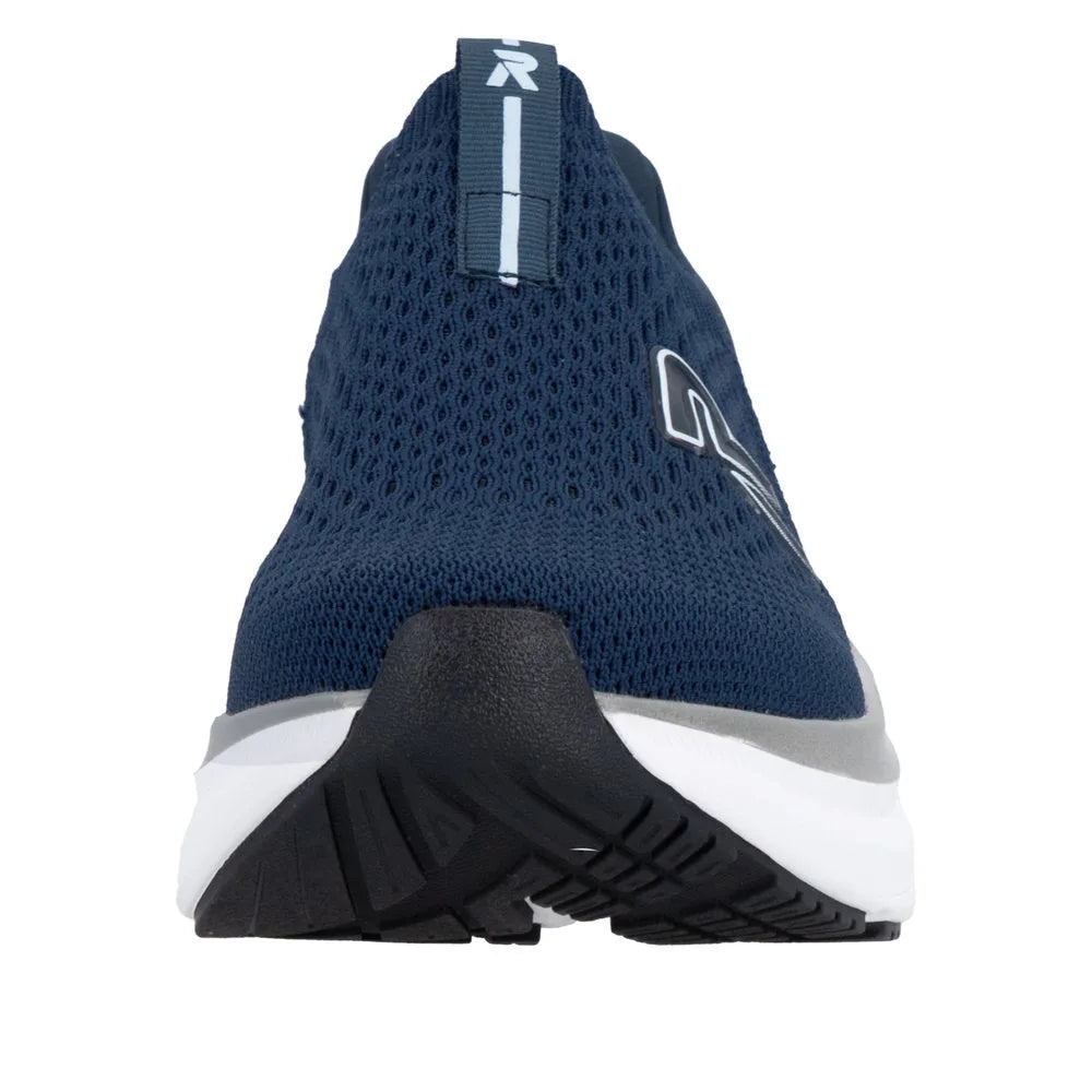 Rieker W4100-14 Ladies Blue Textile Elasticated Trainers, breathable mesh upper, cushioned sole, slip-on design for comfortable walking.