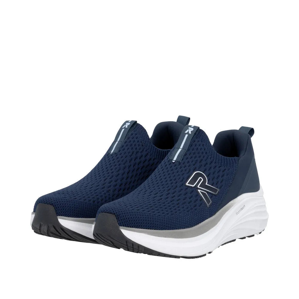Rieker W4100-14 ladies blue textile elasticated trainers with slip-on design and cushioned sole.
