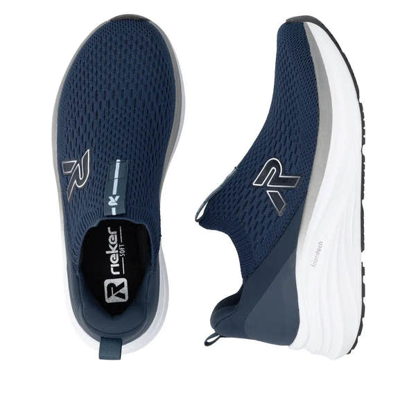 Rieker W4100-14 women's blue textile elasticated trainers with foam tech sole for comfort and support.