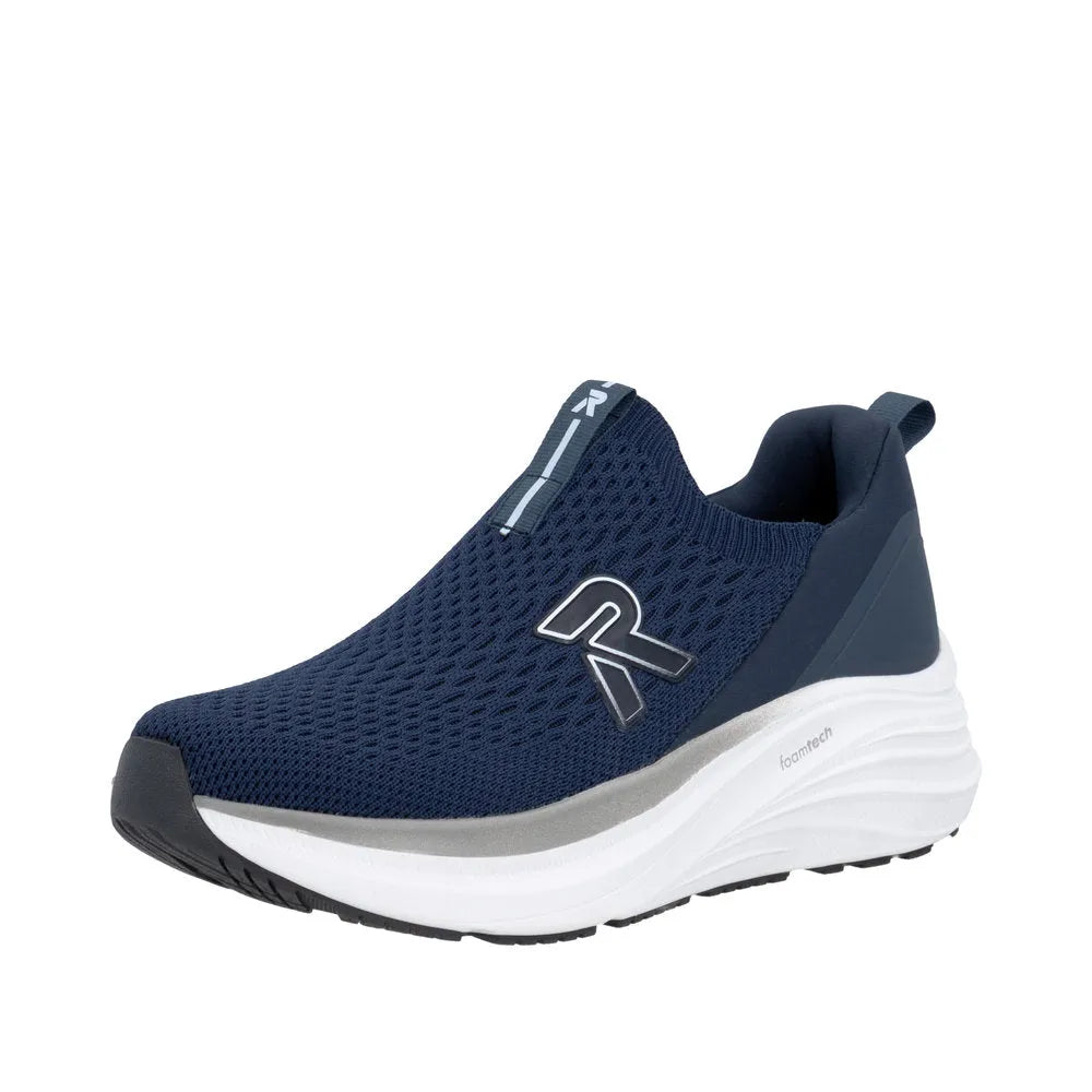 Rieker W4100-14 ladies' blue textile elasticated trainers with breathable mesh upper and cushioned white foam sole.