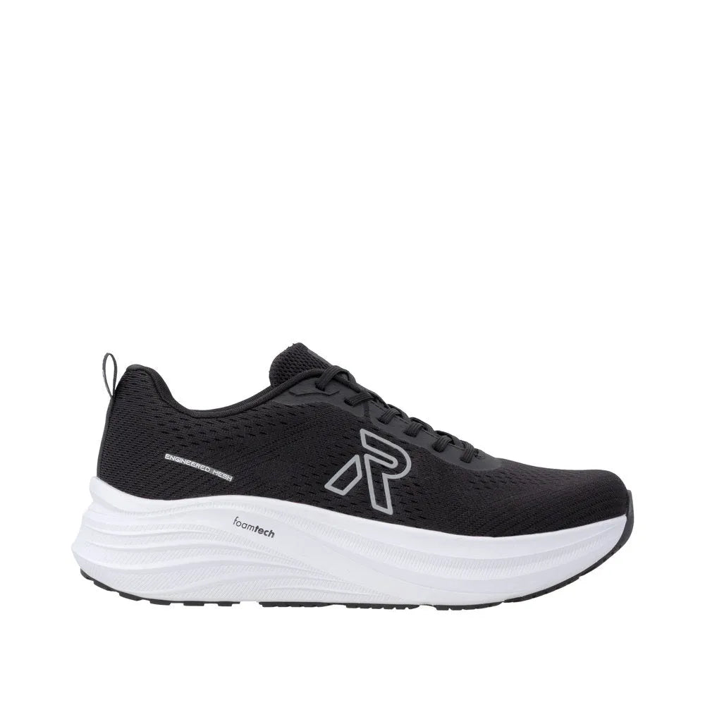 Rieker W4101-00 women's black textile lace-up trainers with white midsole and foamTech cushioning.