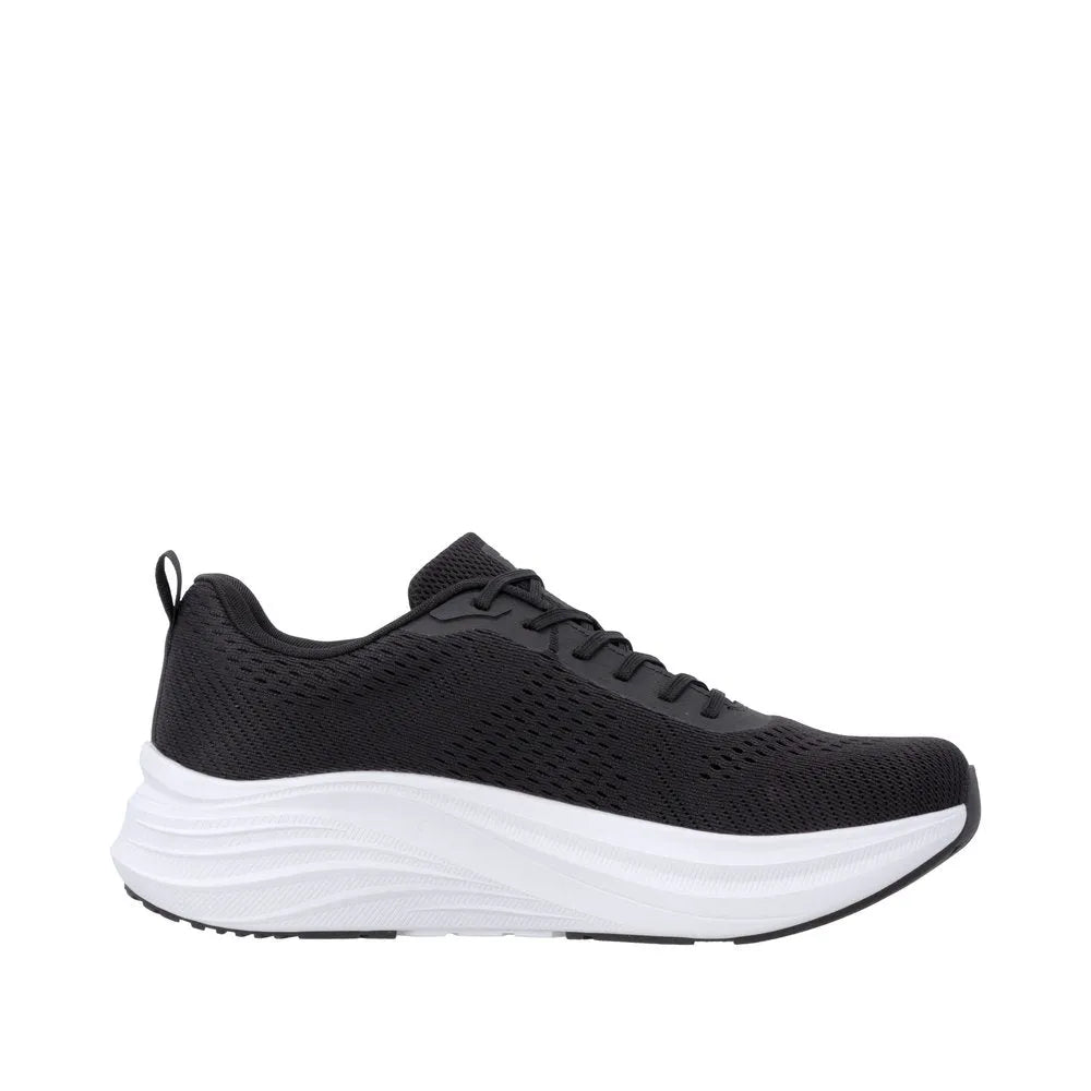 Black textile lace-up trainers with white chunky sole, breathable material, and padded collar.