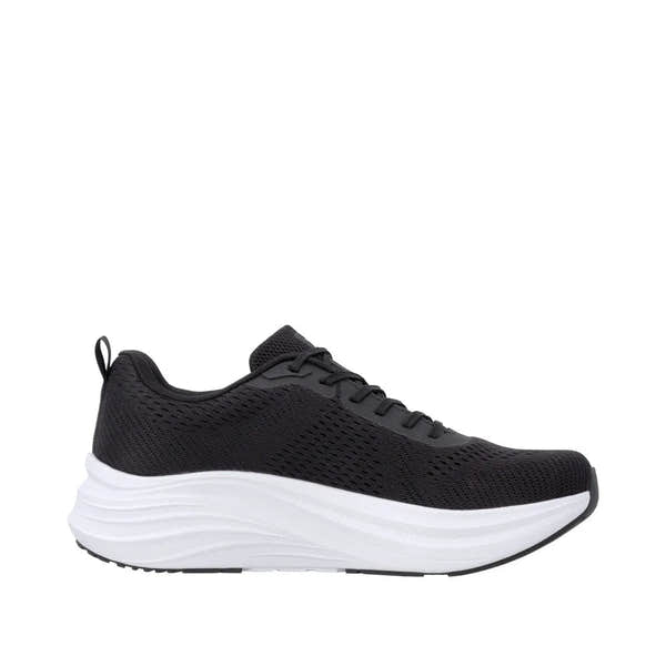 Black textile lace-up trainers with white chunky sole, breathable material, and padded collar.