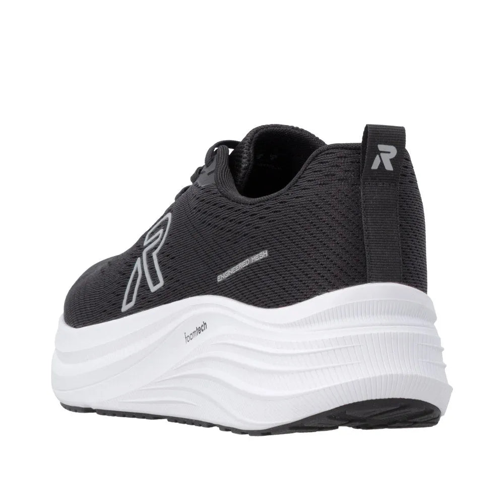 Black textile lace-up trainers with a white foam-tech sole, 