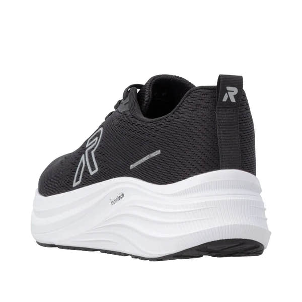Black textile lace-up trainers with a white foam-tech sole, "ENGINEERED MESH" detail, and pull tab at heel.