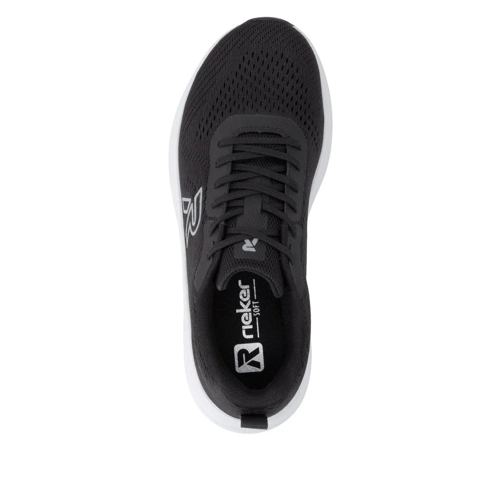 Black textile lace-up trainers with white sole and Rieker branding on the tongue and side details.