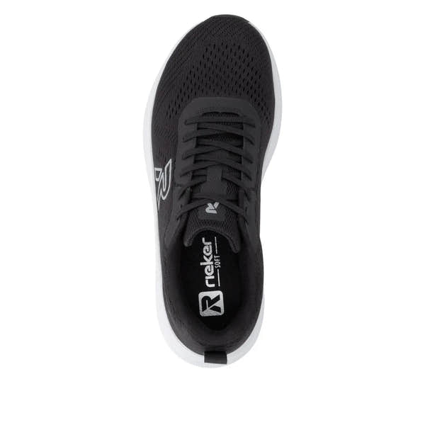 Black textile lace-up trainers with white sole and Rieker branding on the tongue and side details.