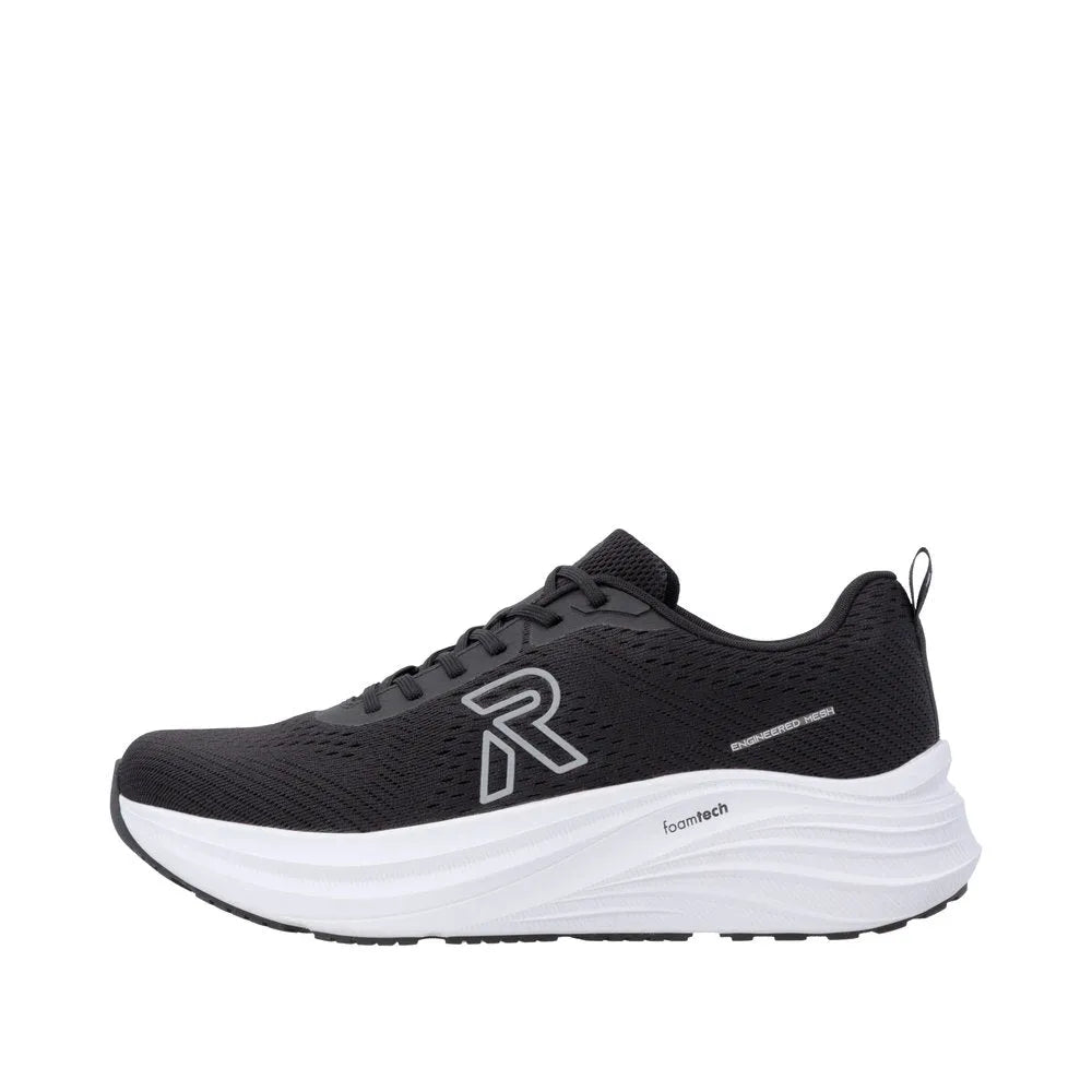 Black textile lace-up trainer with white foam sole, reflective logo, sporty style, and engineered mesh details.