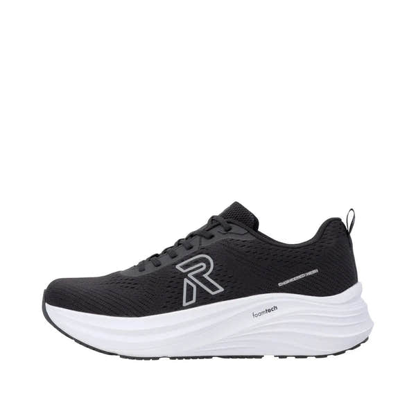 Black textile lace-up trainer with white foam sole, reflective logo, sporty style, and engineered mesh details.