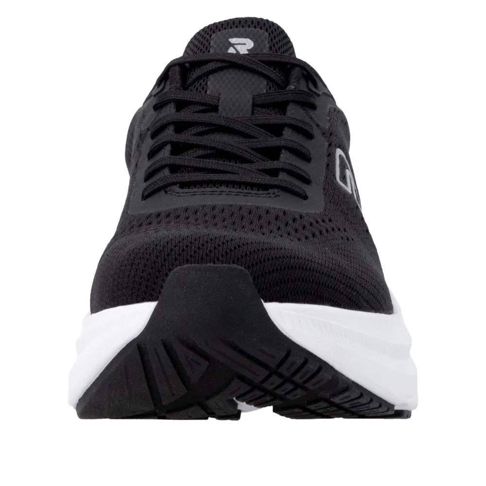 Black textile lace-up trainers with white midsole and black rubber outsole, mesh upper, and subtle branding detail.
