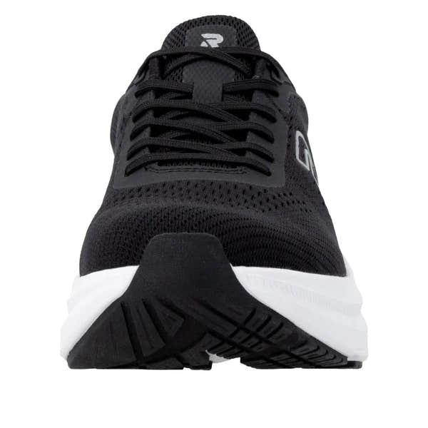 Black textile lace-up trainers with white midsole and black rubber outsole, mesh upper, and subtle branding detail.