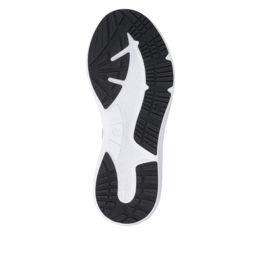 Black textile lace-up trainers with white sole featuring textured grip pattern and sporty style.