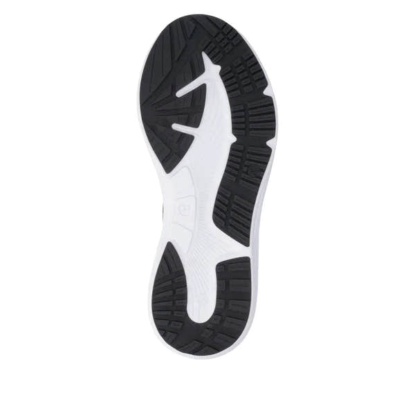 Black textile lace-up trainers with white sole featuring textured grip pattern and sporty style.