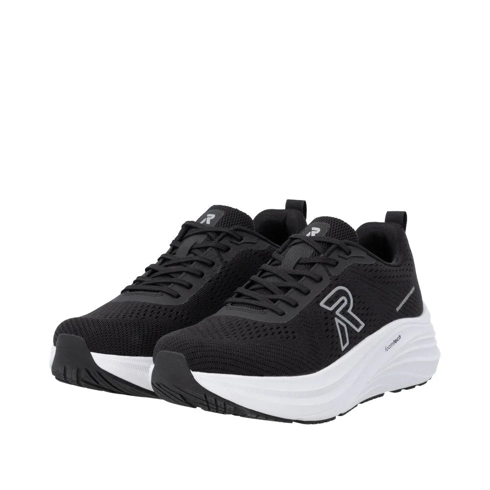 Black textile lace-up trainers with white midsole and logo details, designed for comfort and sporty style.